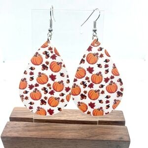 Teardrop Pumpkin Acorn Print Earrings Faux Leather